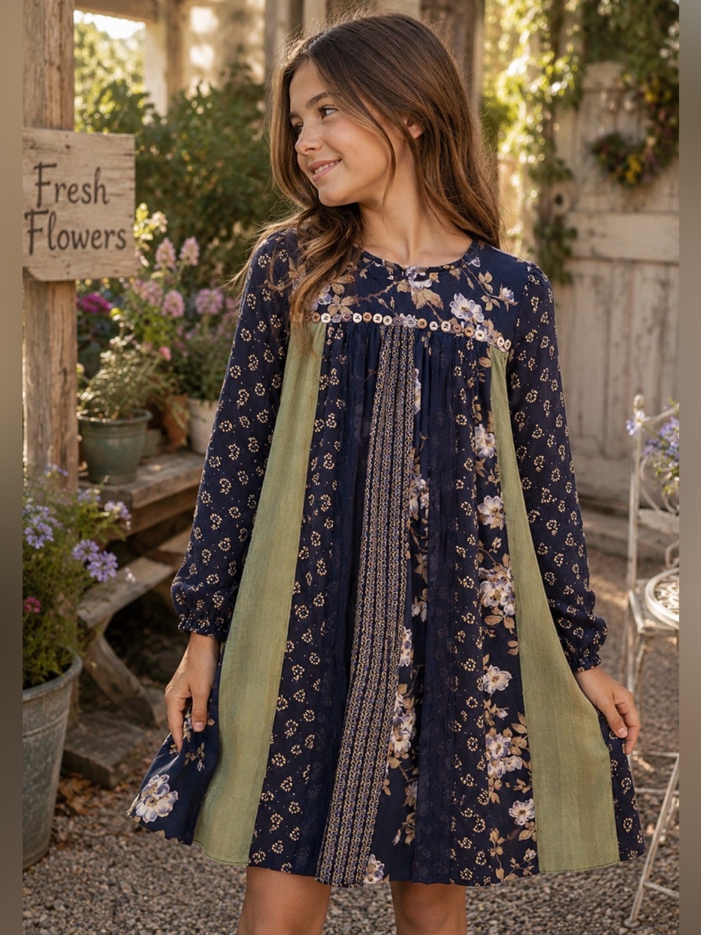 April Cornell 💙 Girls Patchwork Floral Dress Size 9/10 Boho Cottagecore 🌼